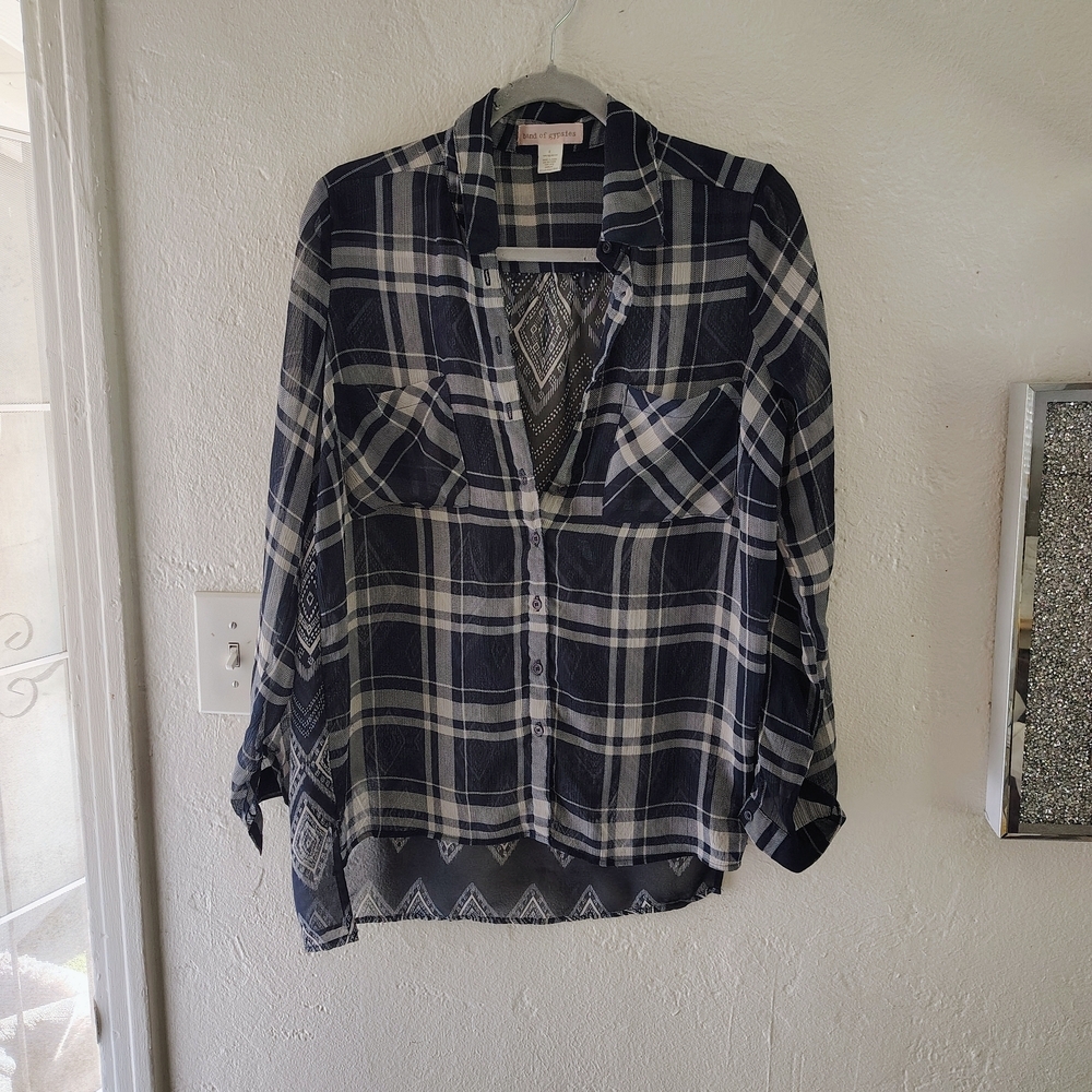 Plaid Button-Up Shirt - Navy and White